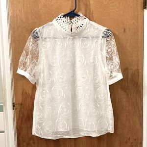Kalftine white rose pattern sheer blouse